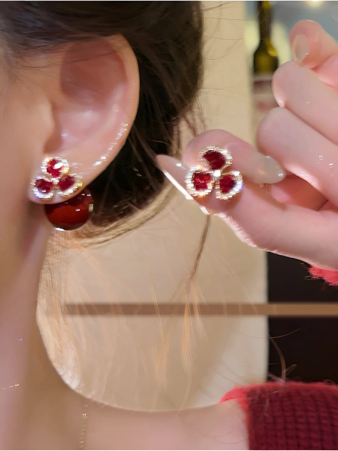 Red diamond floral stud earrings