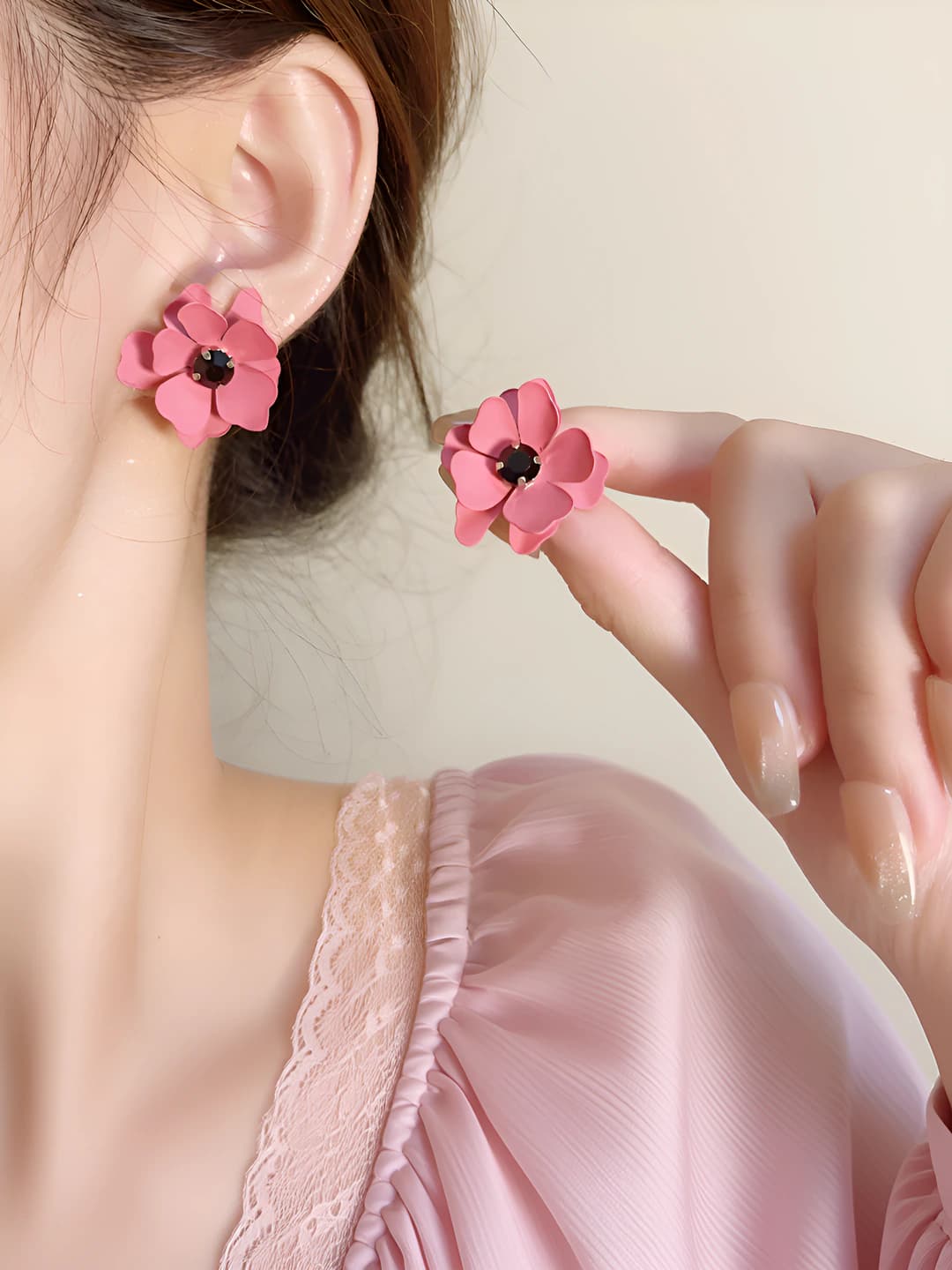 Women's French 3D pink flower earrings