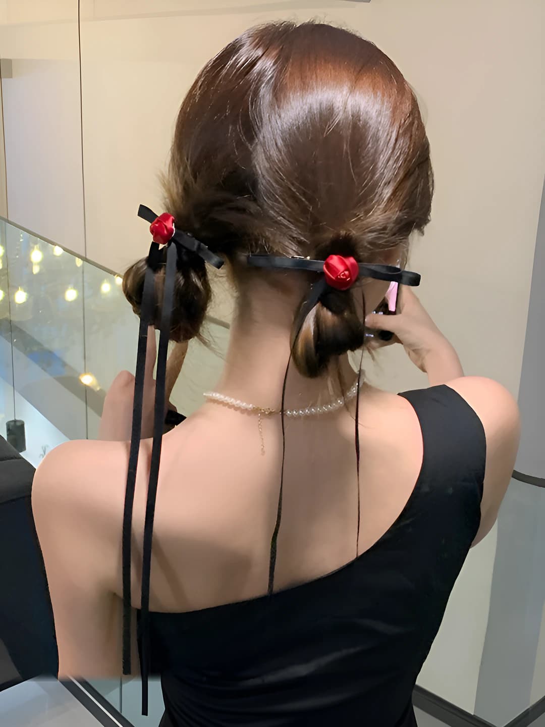 Women's hair clip with lace, red flower and ribbon