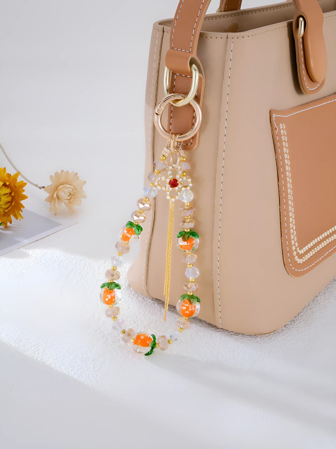 Red persimmon + clover tassel charm, orange