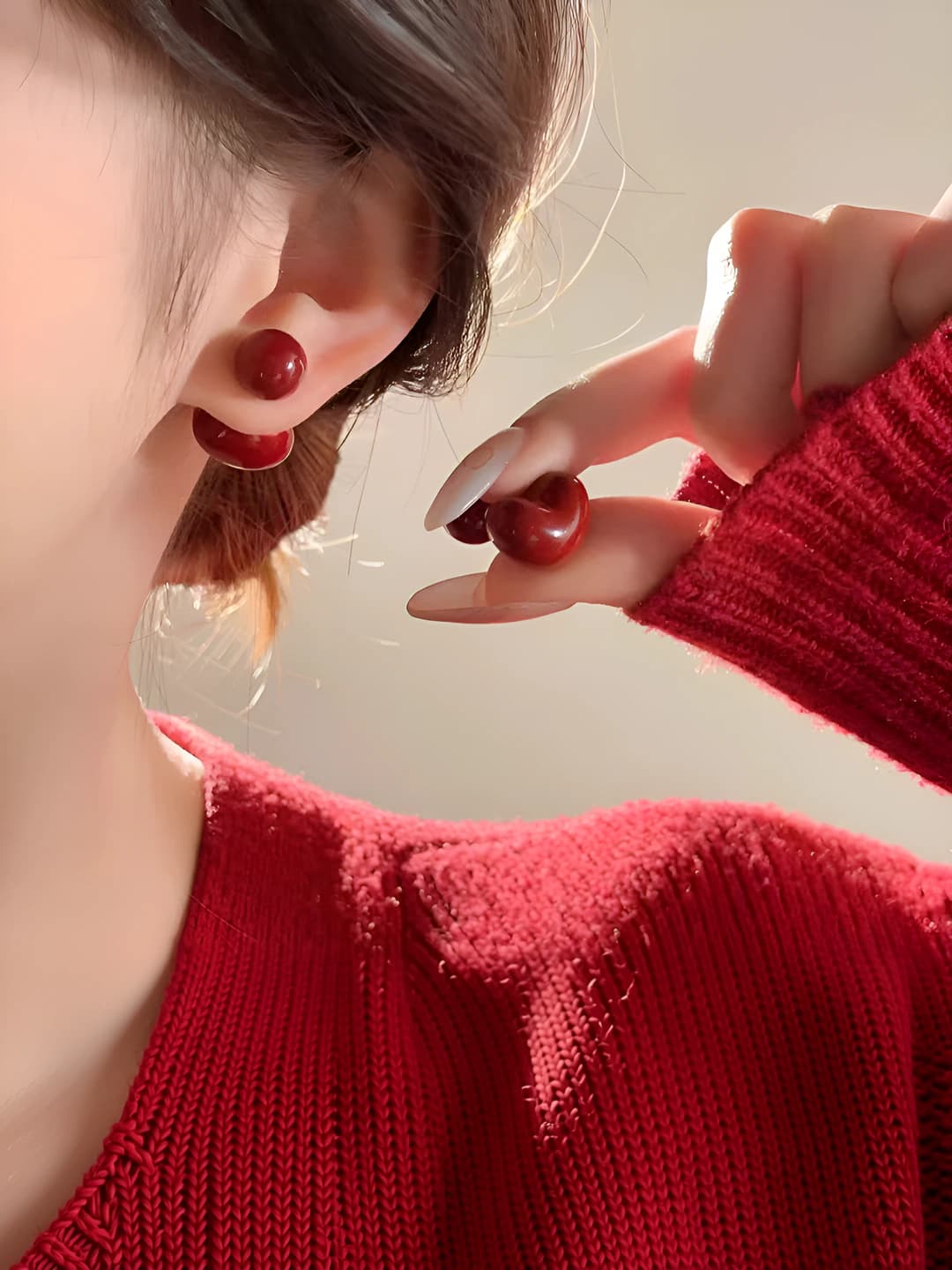 Women's retro autumn-winter burgundy double-sided heart-shaped metal earrings