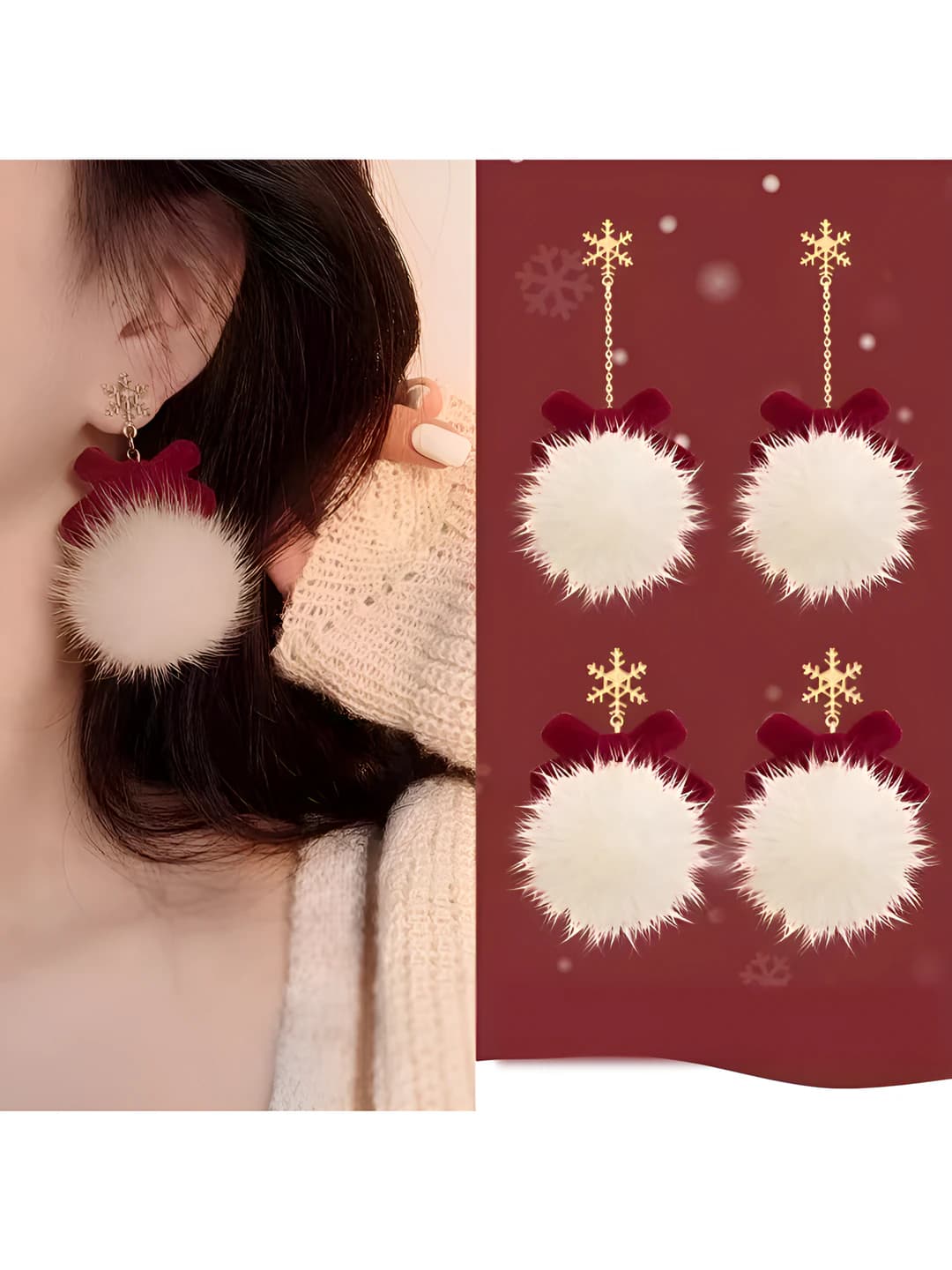 Women's 2026 autumn-winter retro style earrings with red bow and snowflake soft fur