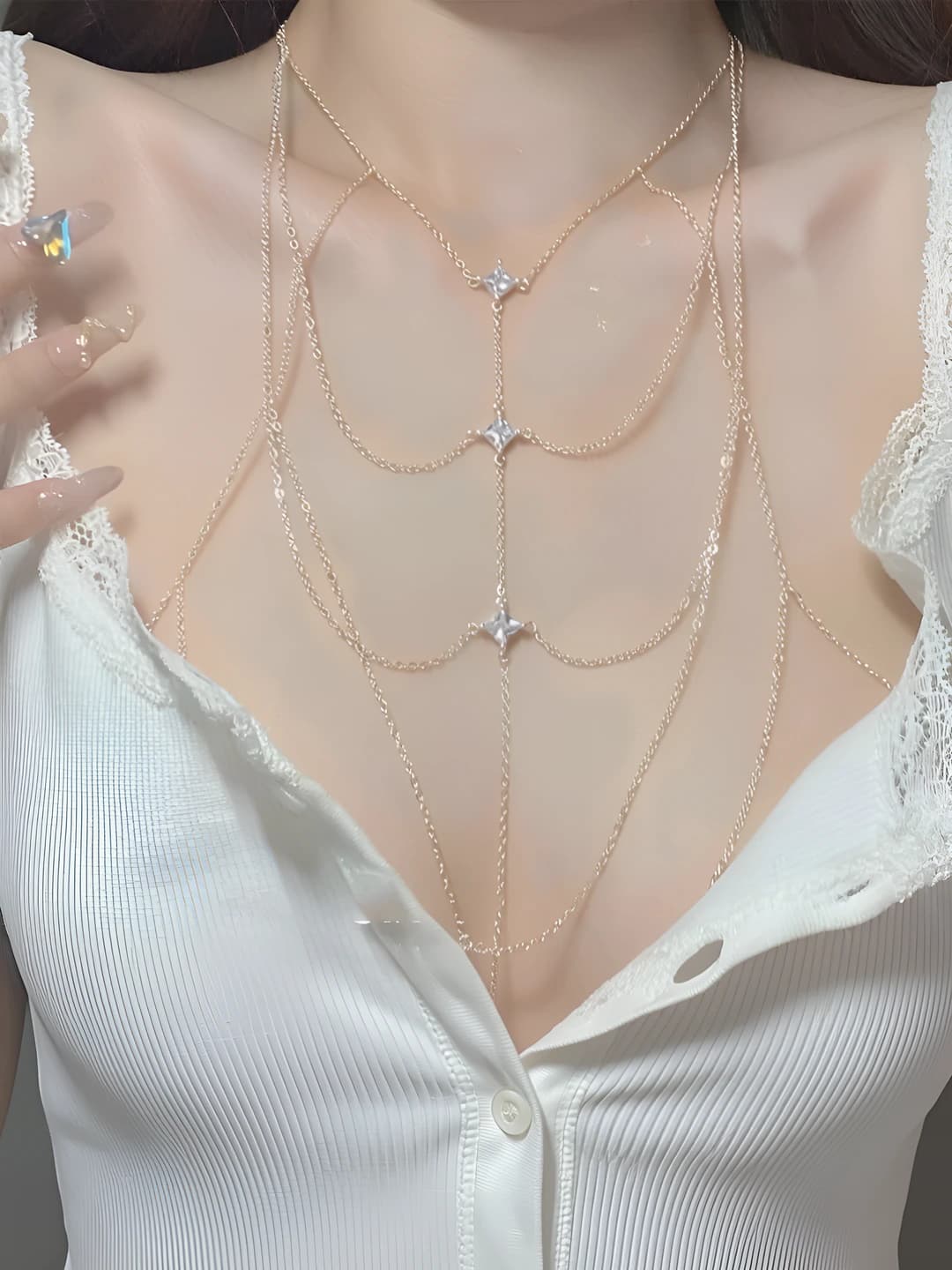 Women's layered chain necklace with zircon, beads and shoulder connection, geometric shape, ins style