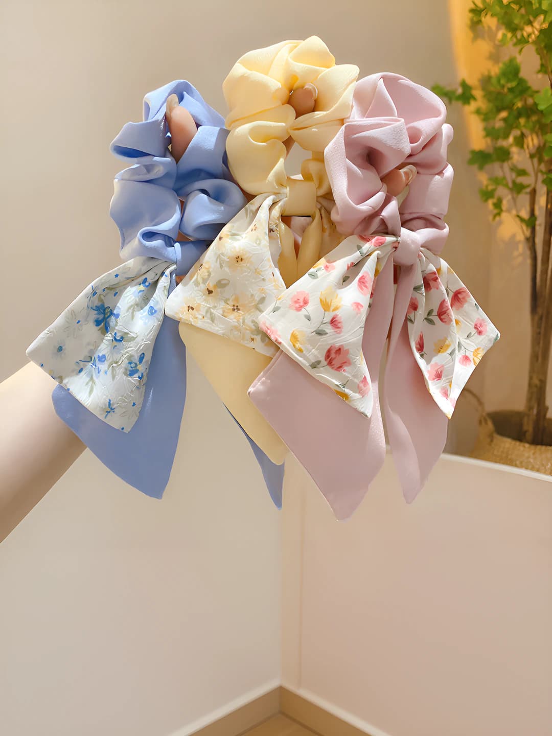 Women's fabric floral bow hair scrunchies: Korean style, stretchy, with ribbon design
