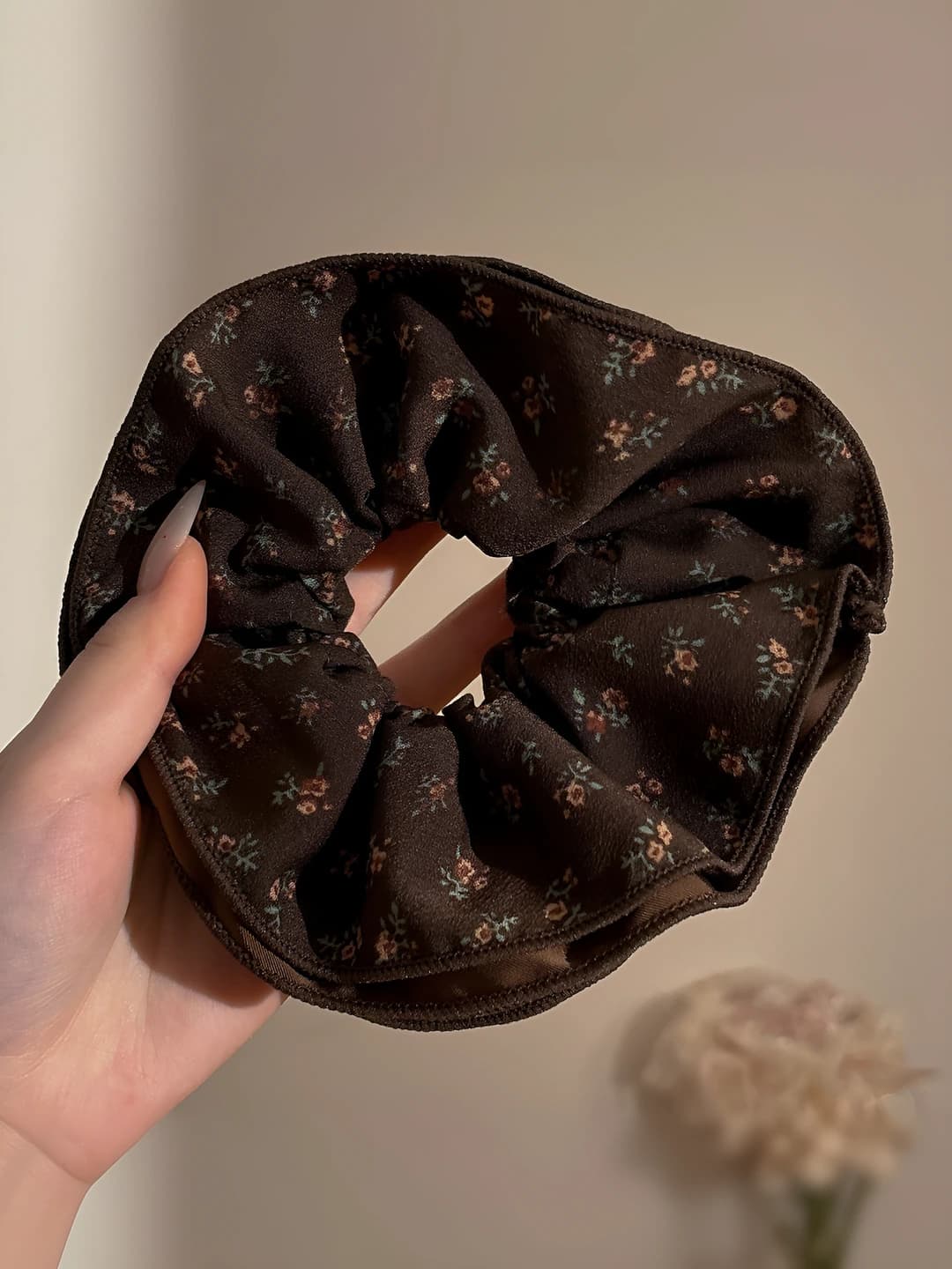 1# Floral brown 4-layer large hair tie ~16 cm