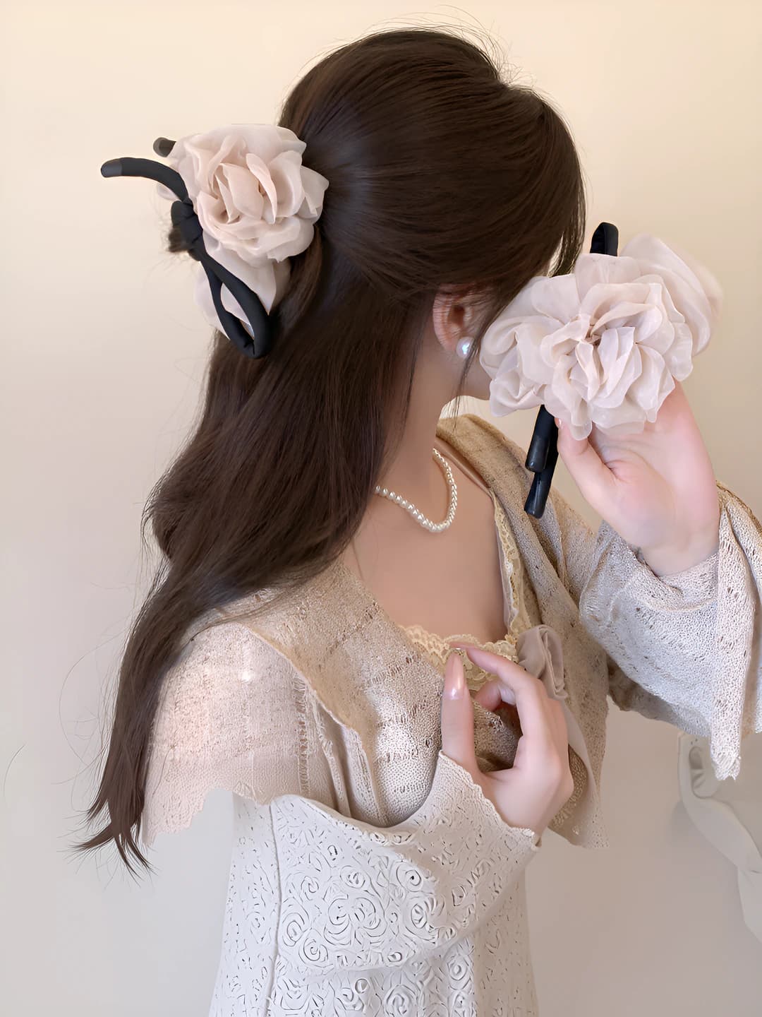 Women's flower scrunchie hair tie: Chanel style, high stretch, handmade fabric