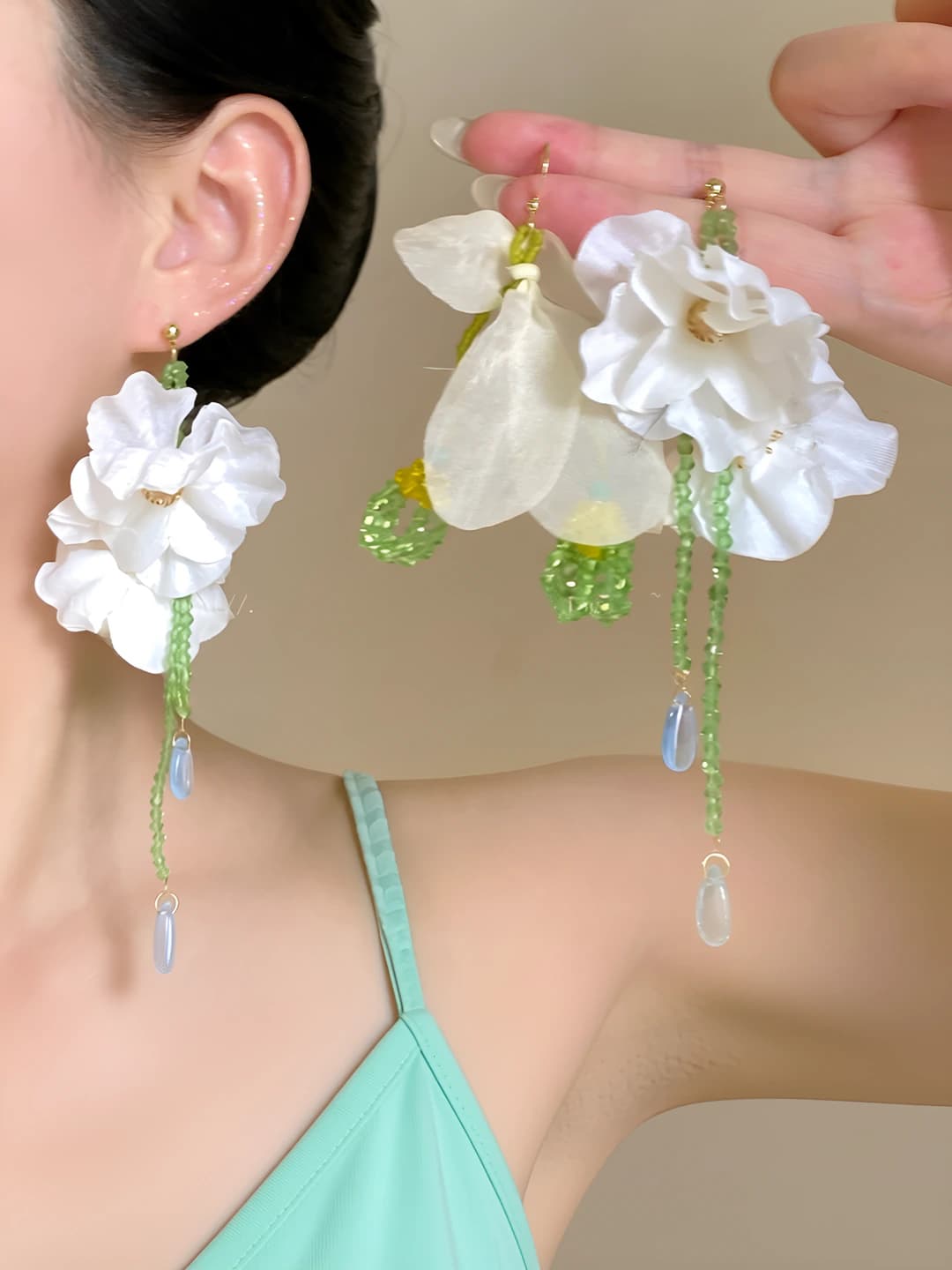 Women's crystal flower tassel earrings, summer vacation style, face-slimming, simple design, 925 silver post