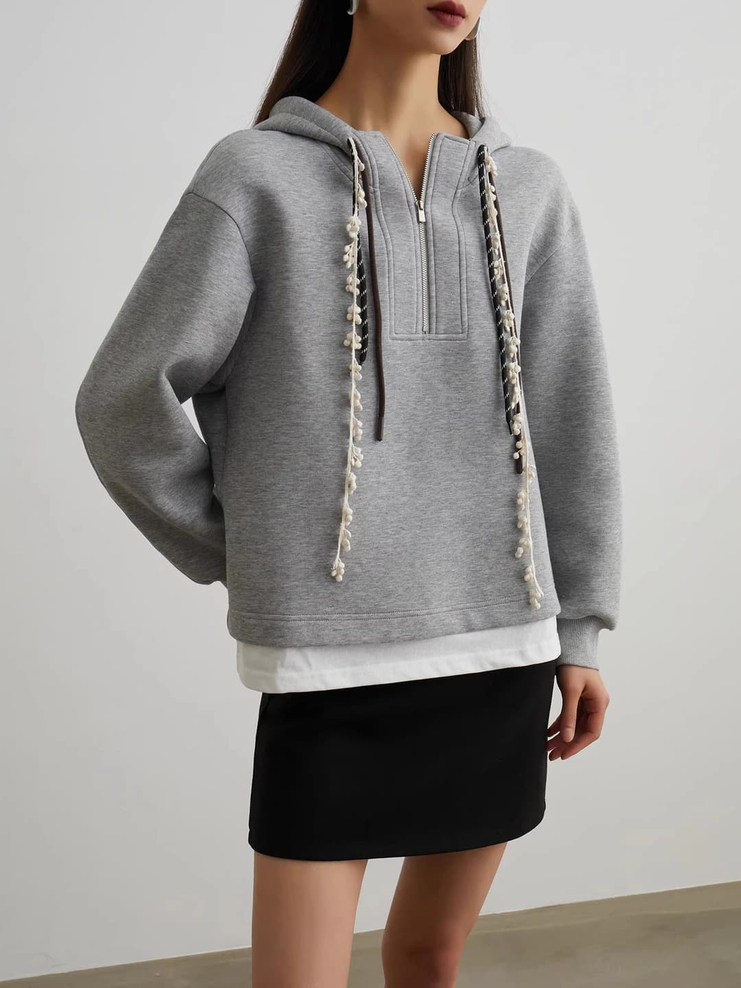 Women's grey hoodie, loose fit, Korean style, solid colour, long sleeve, mid-length, spring-autumn 2026