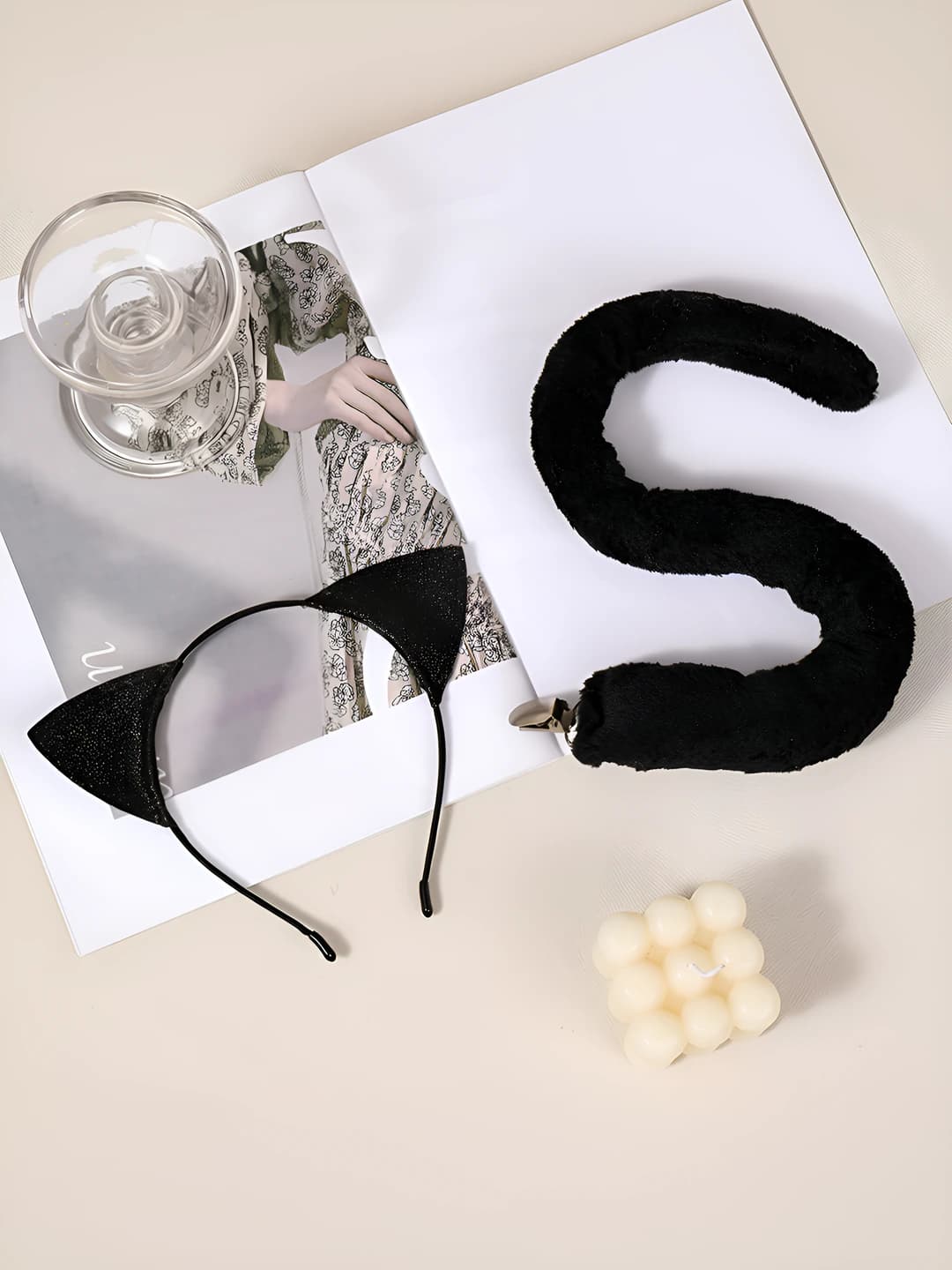 Women's plush cat ear and tail cosplay headband for Halloween 2026