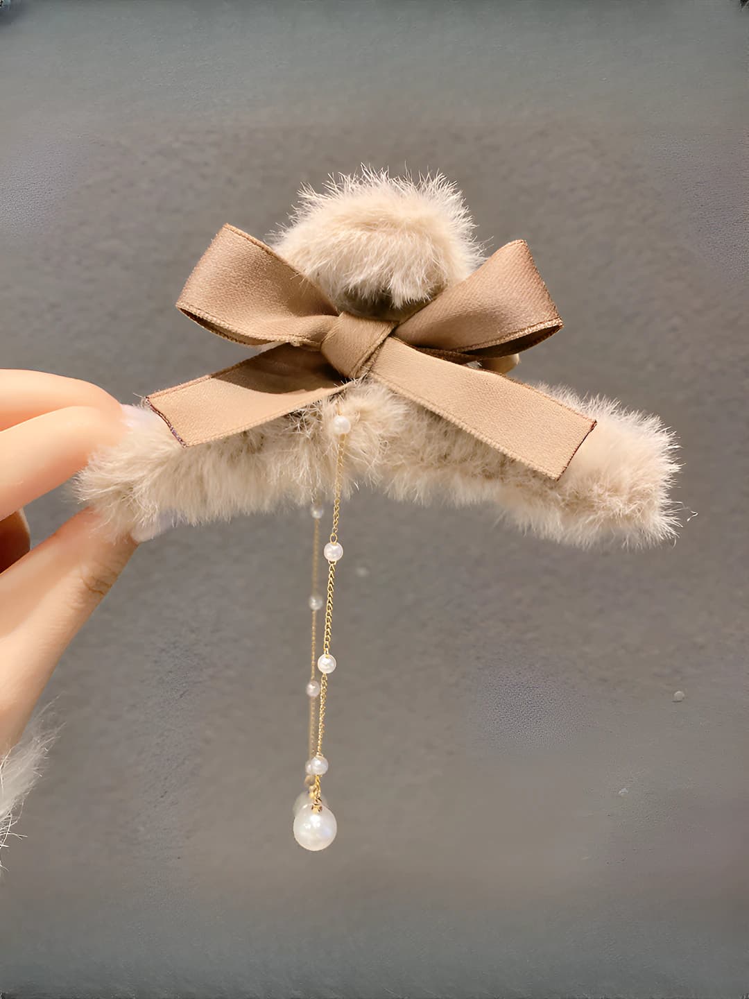 6#Brown bow pearl tassel-11 cm
