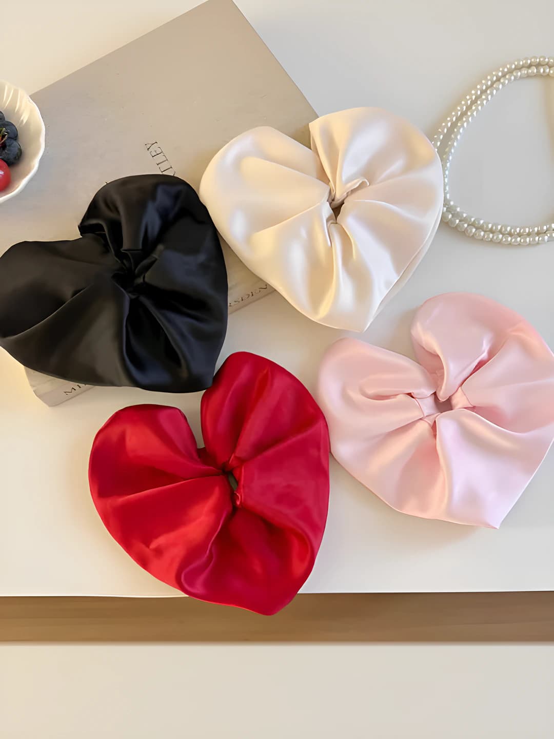 Women's hair ties in Korean style with heart shape, satin material, high stretch, handmade