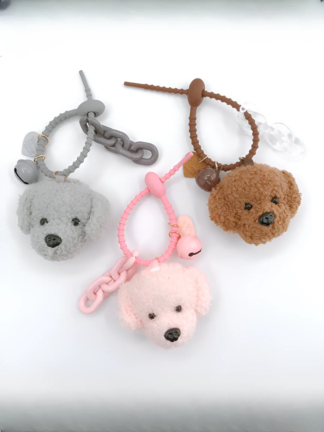 Women's plush teddy-dog keychain in cartoon style, semi-handmade, for bag and phone