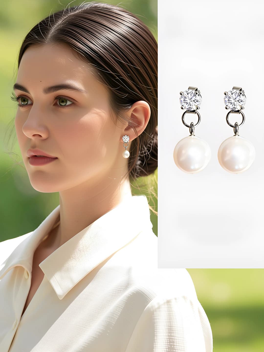 Women's pearl drop earrings with zircon and 925 silver post