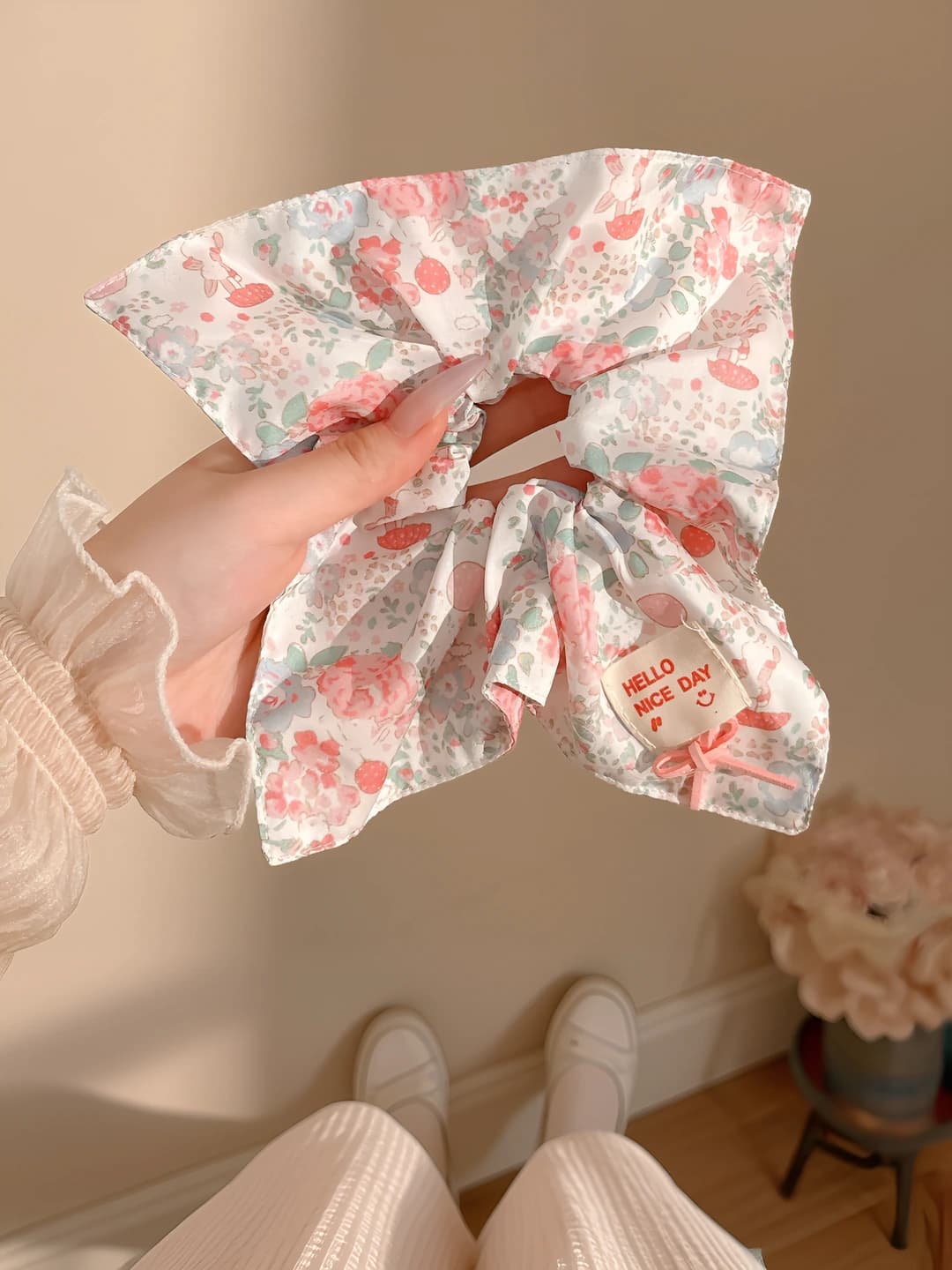 3# Розовый мелкий цветочный квадратный платок-резинка ~21*22 см