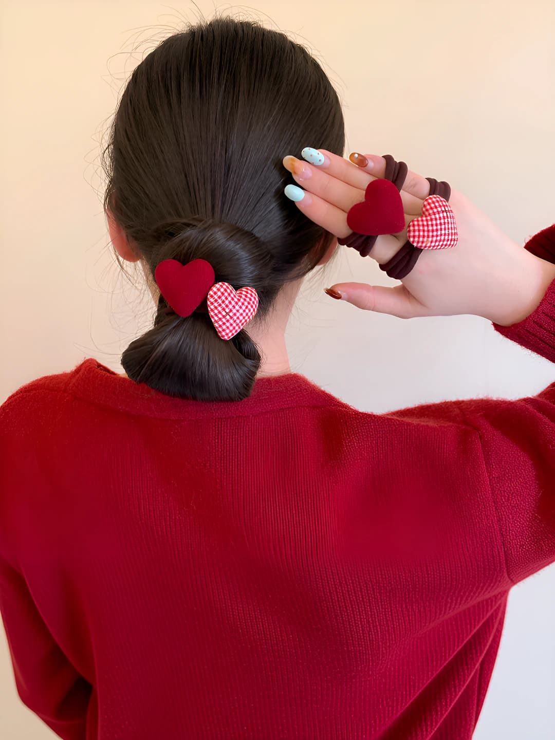 Women's heart-shaped fabric hair ties, high stretch, sweet style