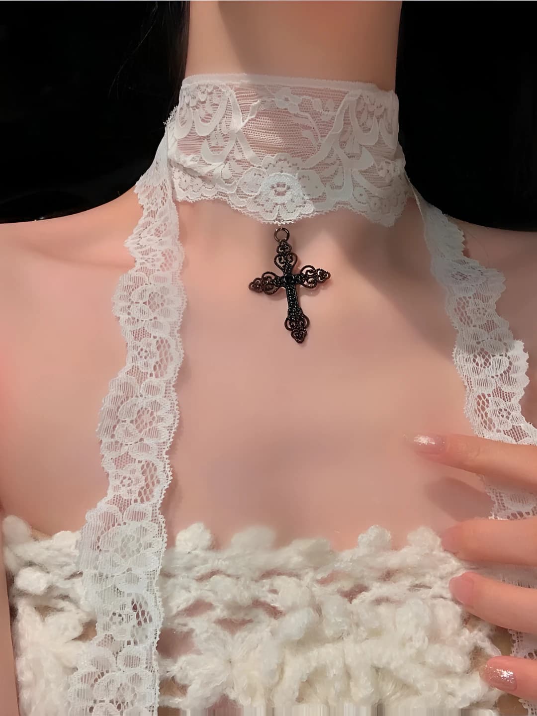 Women's retro white lace cross choker, French style, design element
