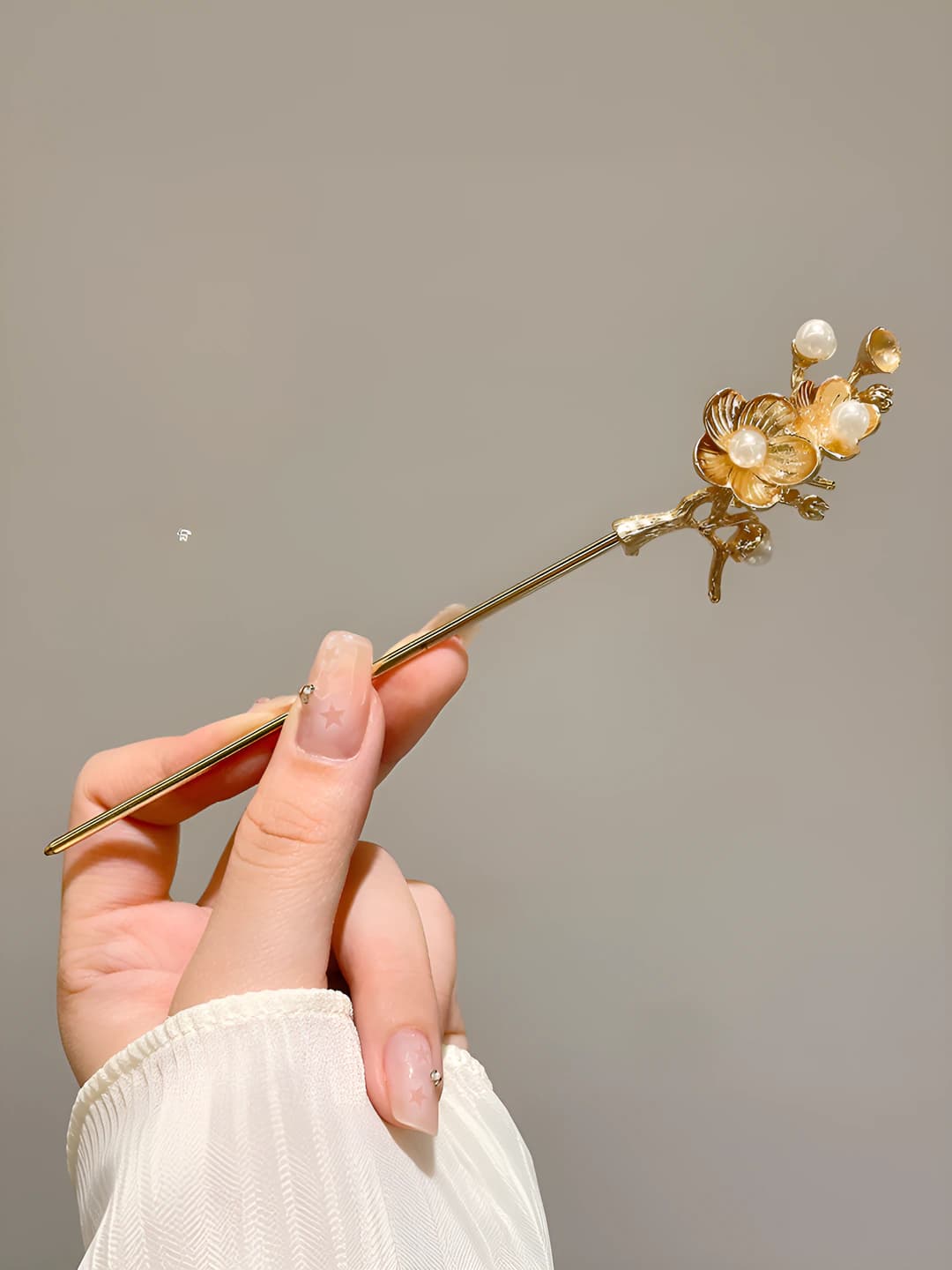 Pearl flower hair pin - Gold (bagged), 17 cm