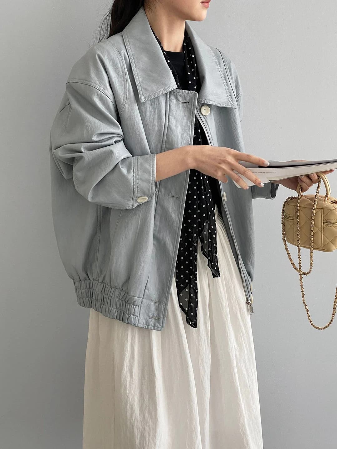 Women's retro loose fit PU leather jacket for early spring, Korean style, lapel collar, long sleeve, casual