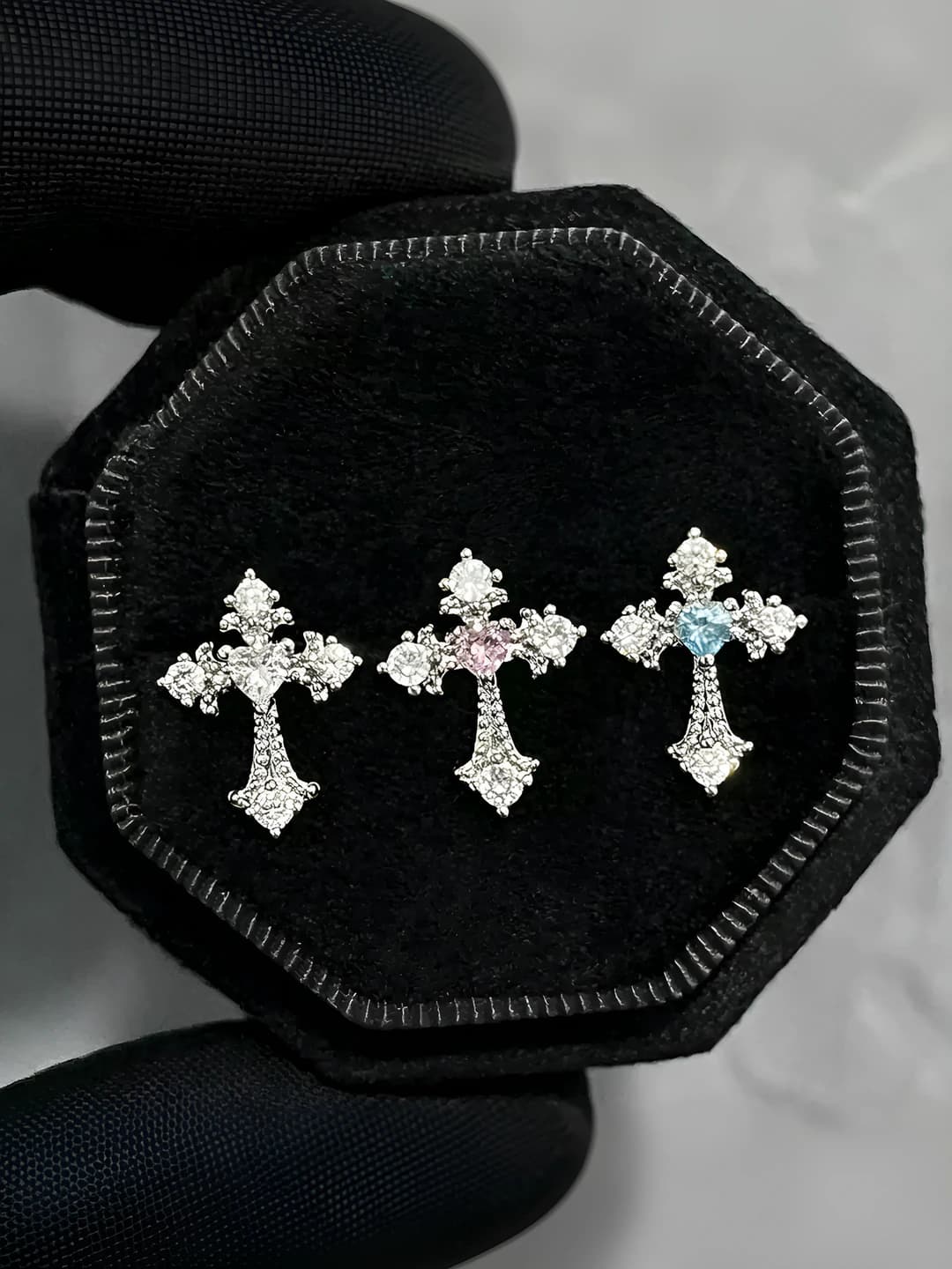 316L titanium steel cross stud earrings, full zirconia, three colors, ocean blue, heart shape, geometric design element, women's