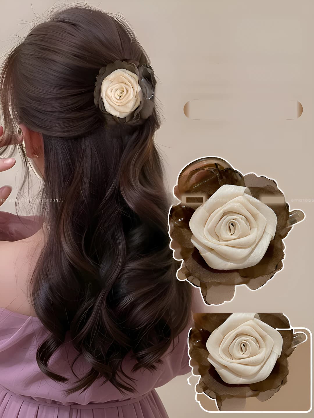 Beige-coffee floral clip 8 cm