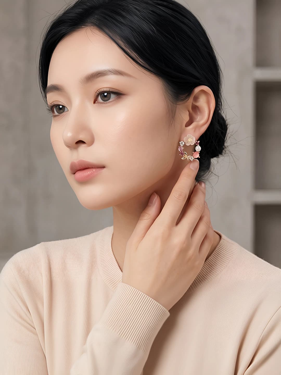 Floral stud earring, Alloy, Rhinestone, Acrylic