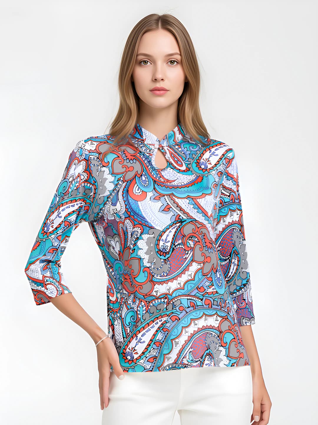 Women's printed silk blouse, mulberry silk, stand collar, three-quarter sleeve, slim fit, retro style