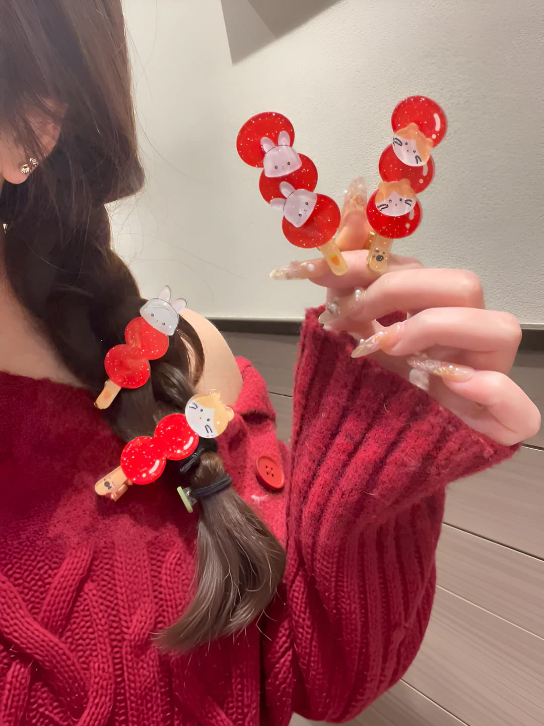 Women's hair clips and combs: Red new year hair clip with Miffy rabbit and handmade finish