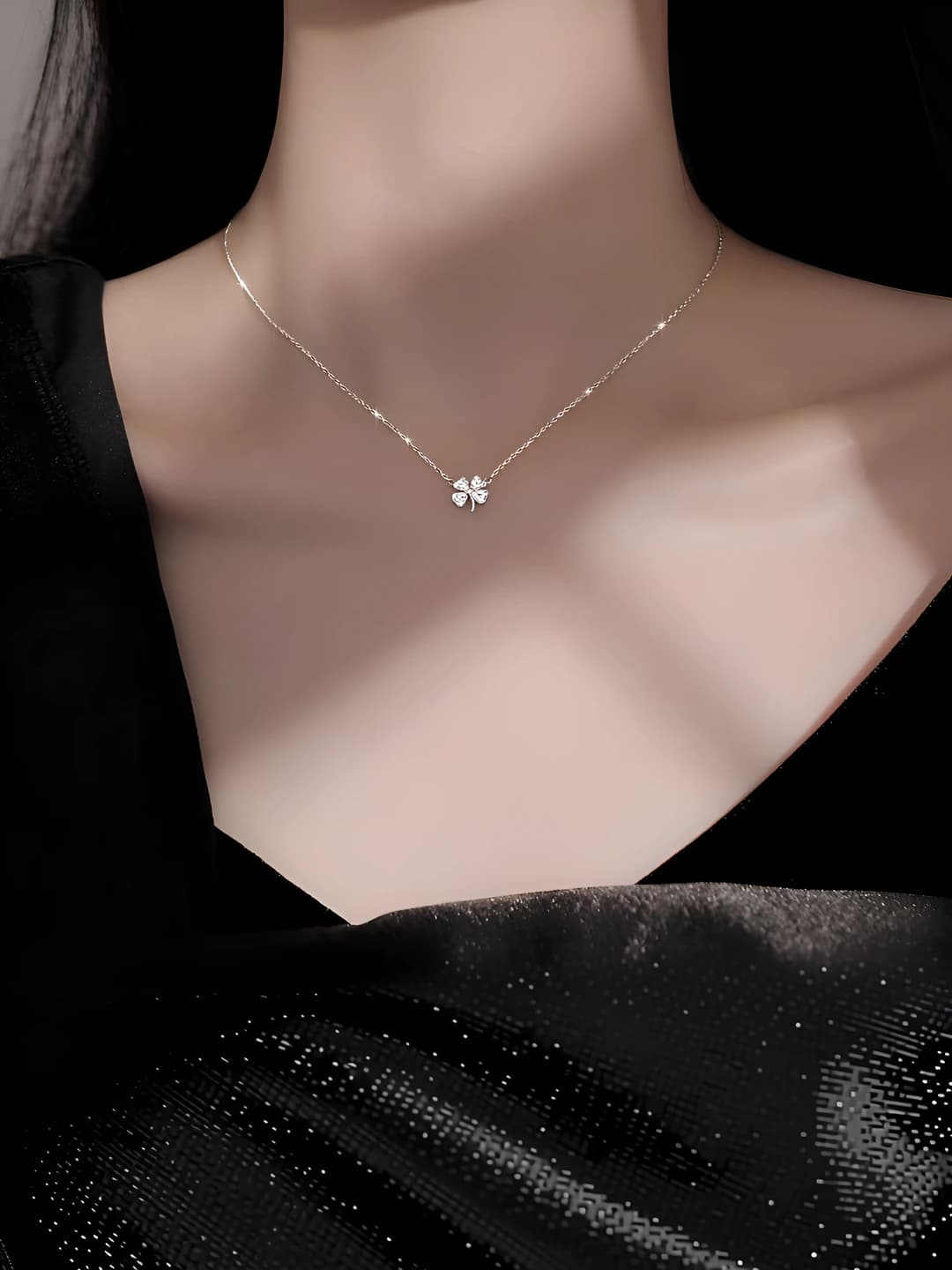 Women's Korean style pendant necklace with clover design element, copper, zirconia, snake chain, 41-50 cm