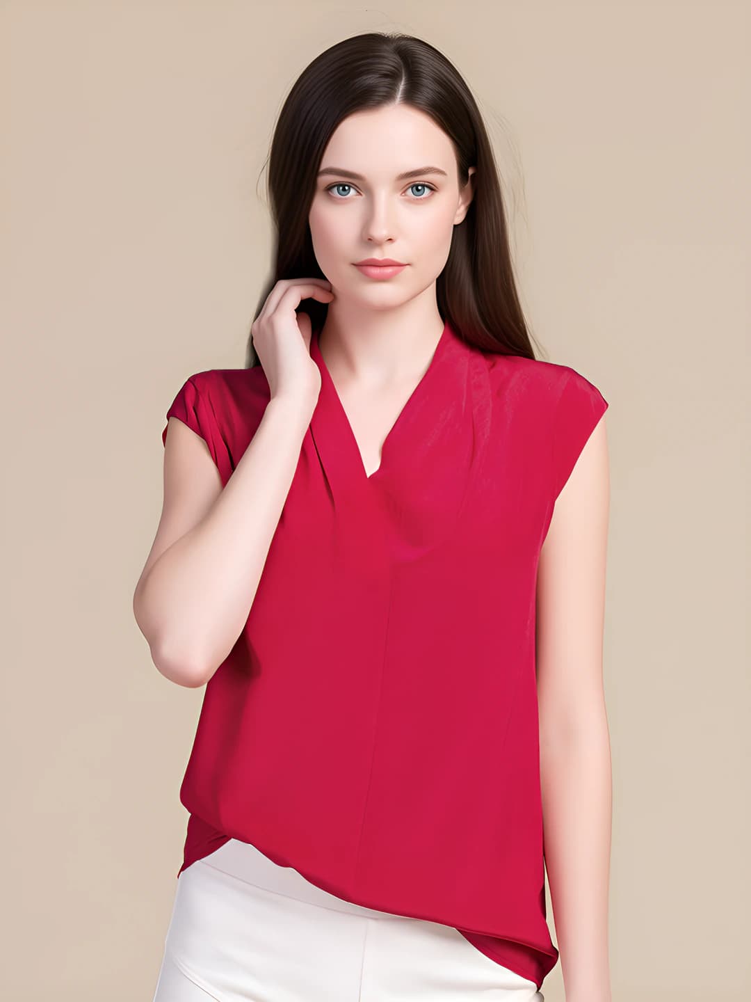 Women's sleeveless V-neck silk blouse, loose fit, solid colour, French design