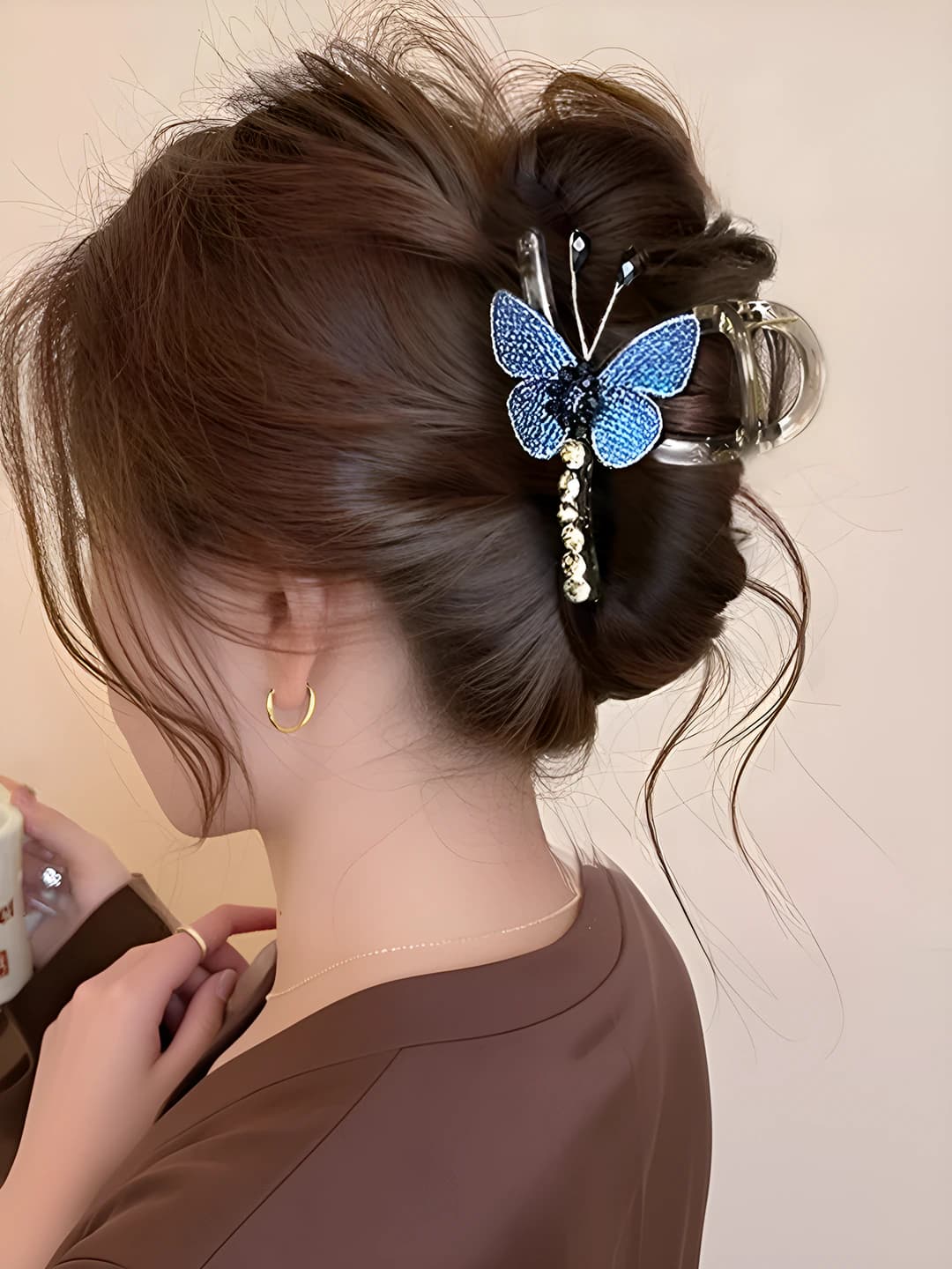 1# Claw clip - embroidered butterfly blue double-sided - 8cm