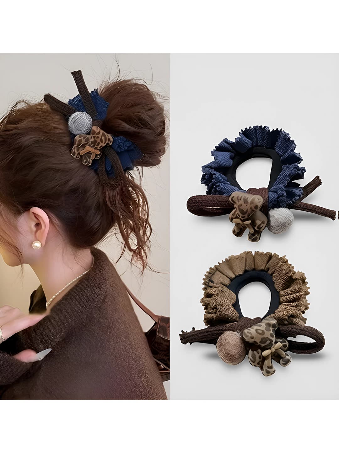 Women's large stretch hair tie: bear pattern, natural style, high elasticity
