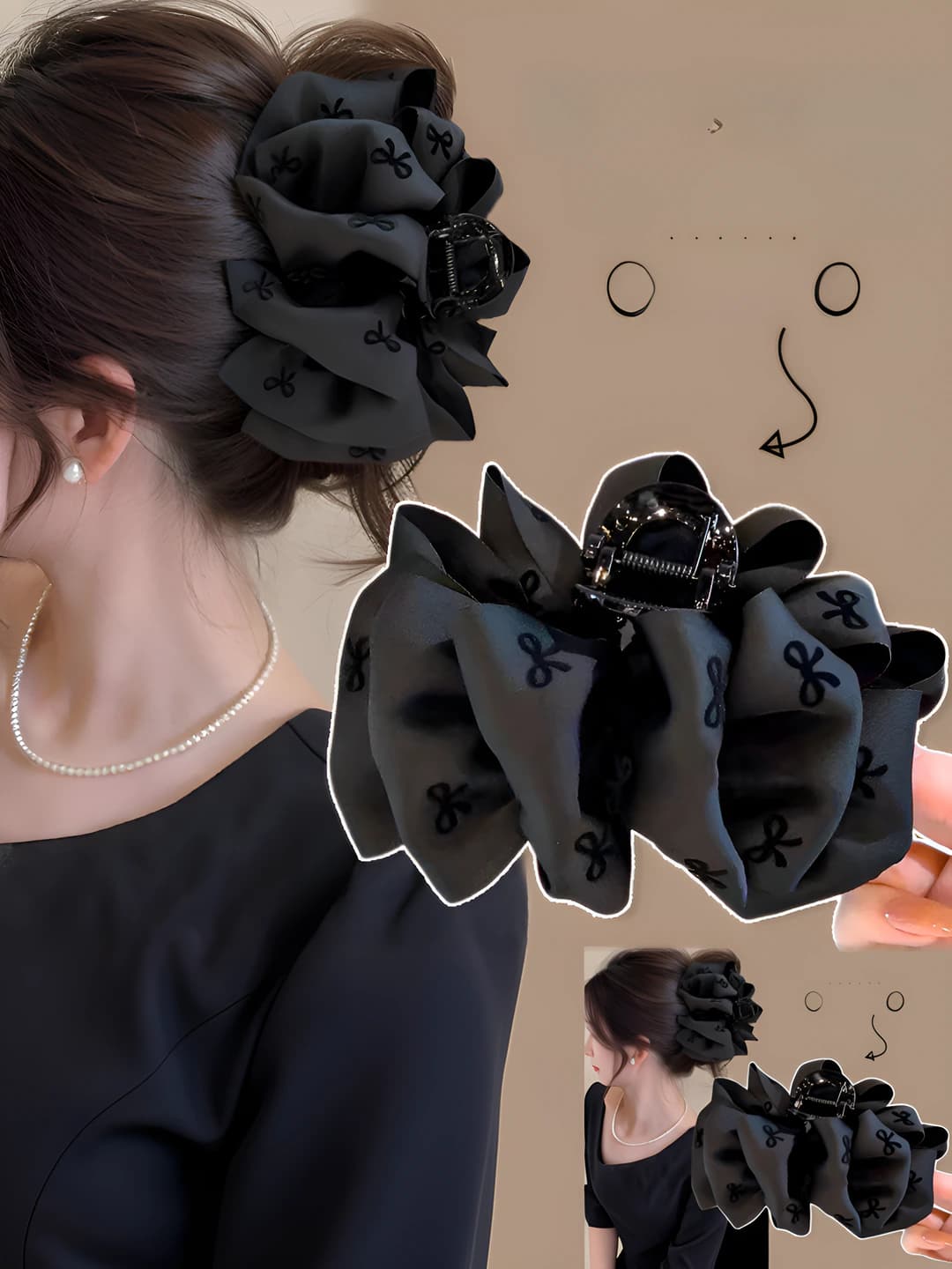 Women's hair clips and combs: black, handmade, Korean and Japanese style, fresh and sweet, with bow and bubble design