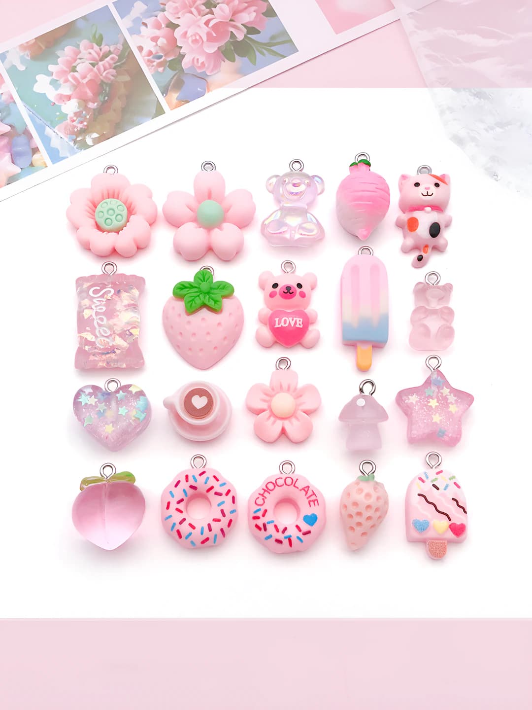 DIY resin charms for women: 20 pcs pink flowers, strawberry, mushrooms, donuts, pineapple and cherry pattern, Korean style, for bracelets, necklaces and keys