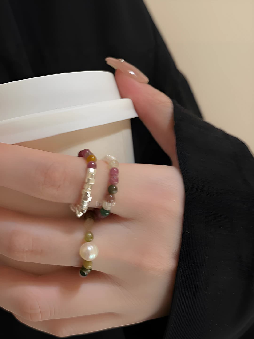 Women's retro index finger ring with natural stone and pearl in light luxury style