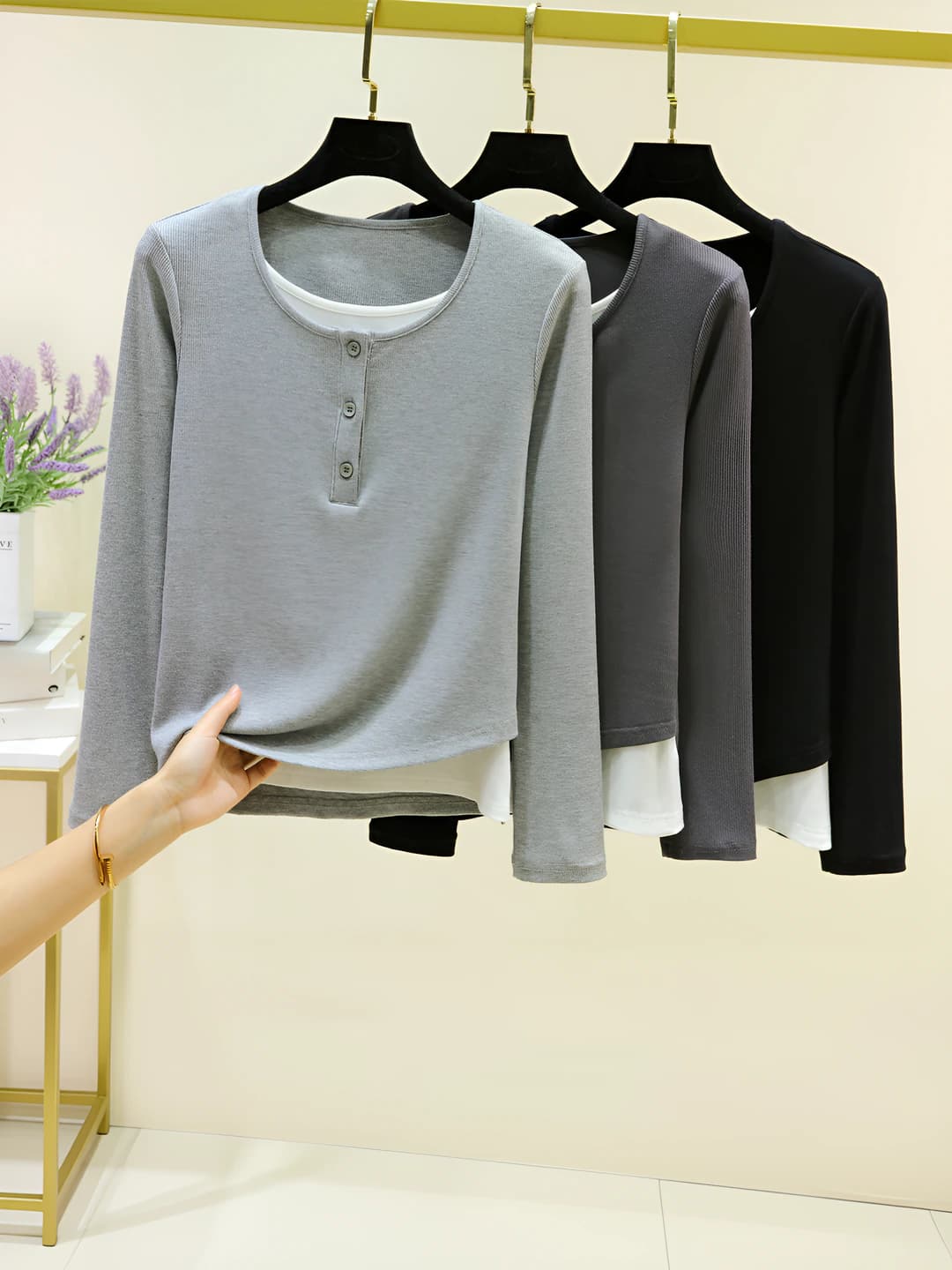 Women's long sleeve thin long-sleeve base top, crew neck, slim fit, solid colour, casual