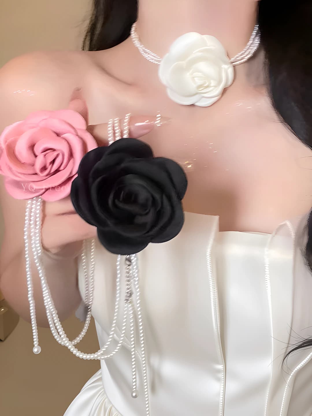 Women's flower choker: retro, black, 3D rose, faux pearl, handmade, multi-layer, 41-50 cm
