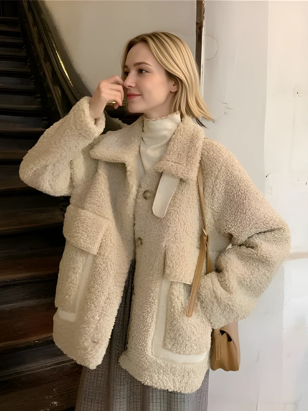 Women's warm thickened fleece-lined sherpa coat, 2026 autumn-winter, petite, solid colour, lapel collar, long sleeve, cardigan