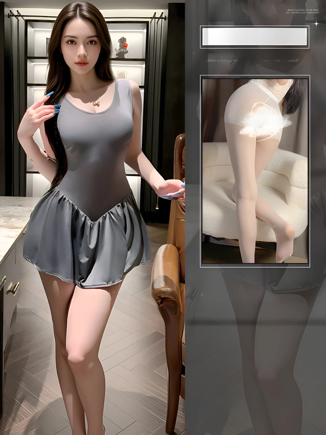 Grey+white open crotch
