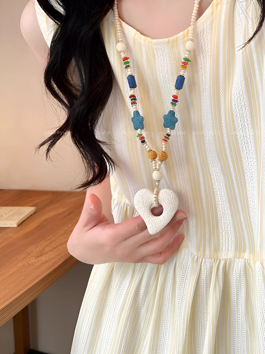 Women's colorful beaded necklace with volcano and heart, star-shaped, handmade, long, ocean style