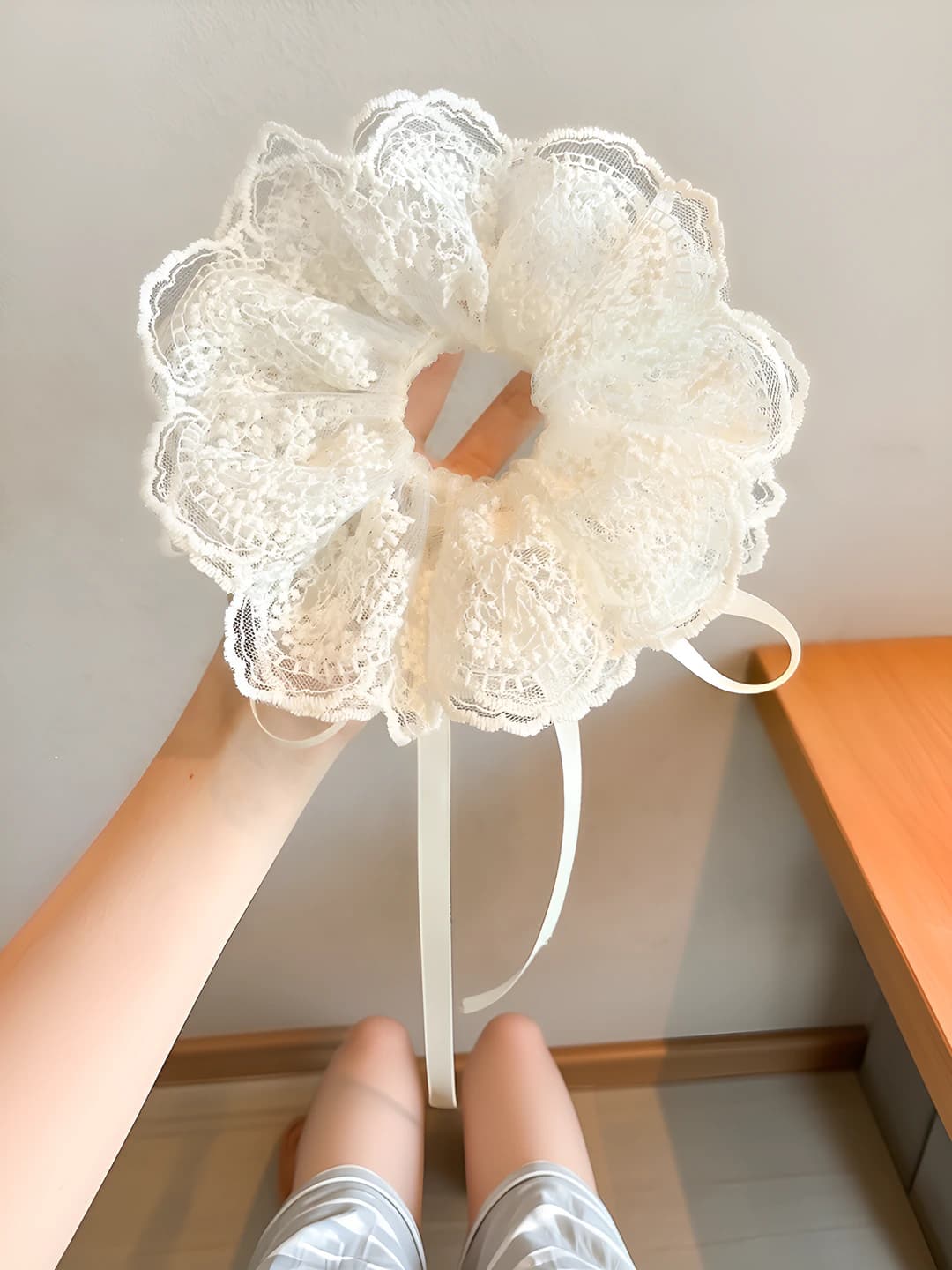 2# Beige lace drawstring ring - 29 cm*15 cm