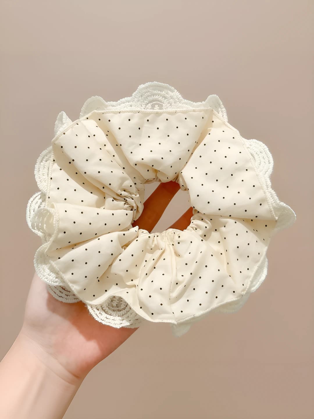 1# White polka dot lace hair tie 19 cm