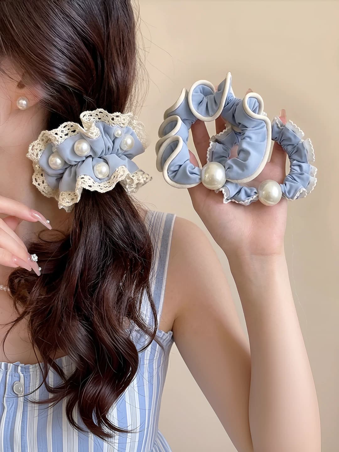 Women's Korean style stretch lace and pearl blue hair ties