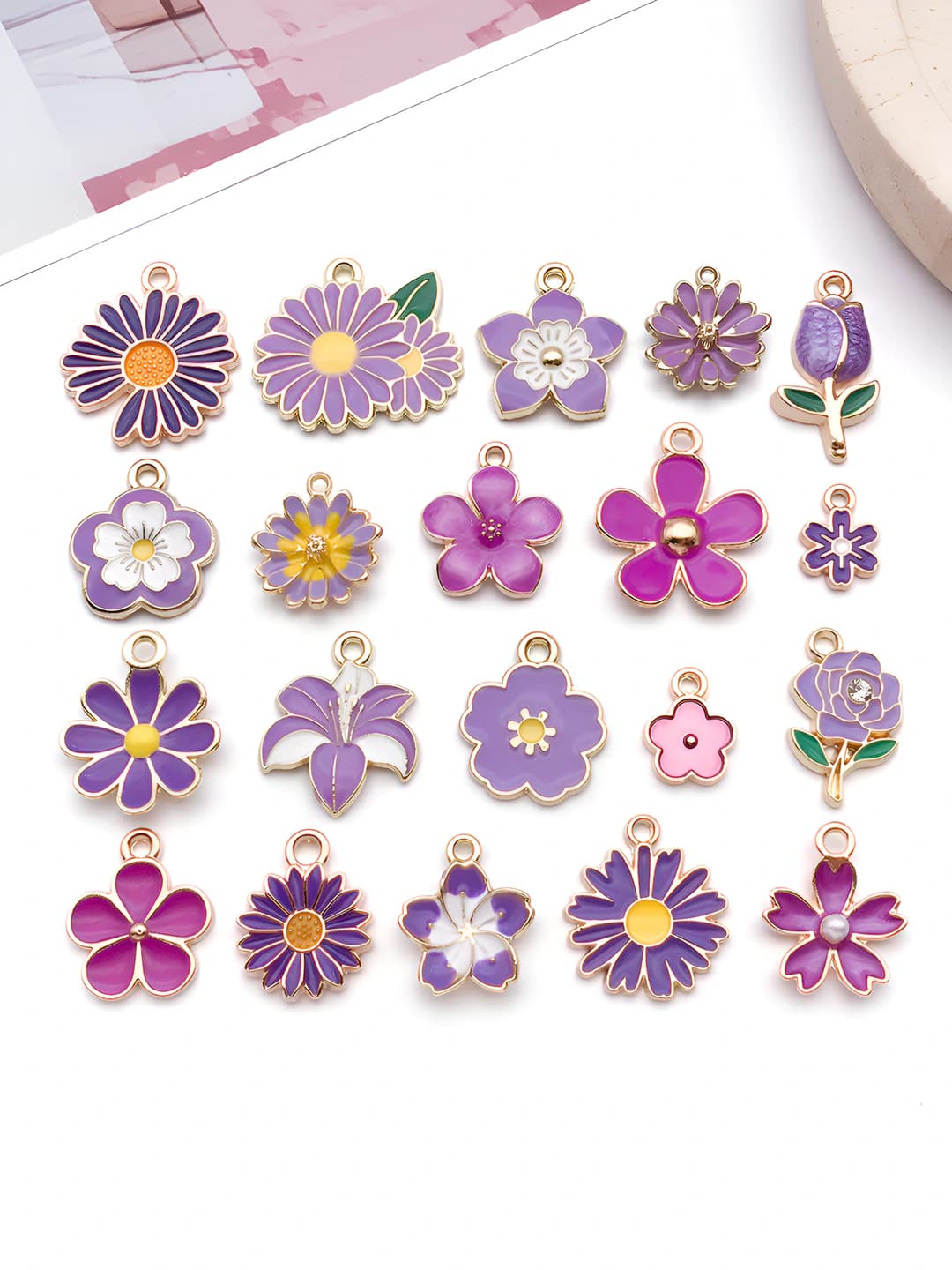 Flower enamel charms/pendants for women: purple small daisy, alloy, resin drop, Korean style