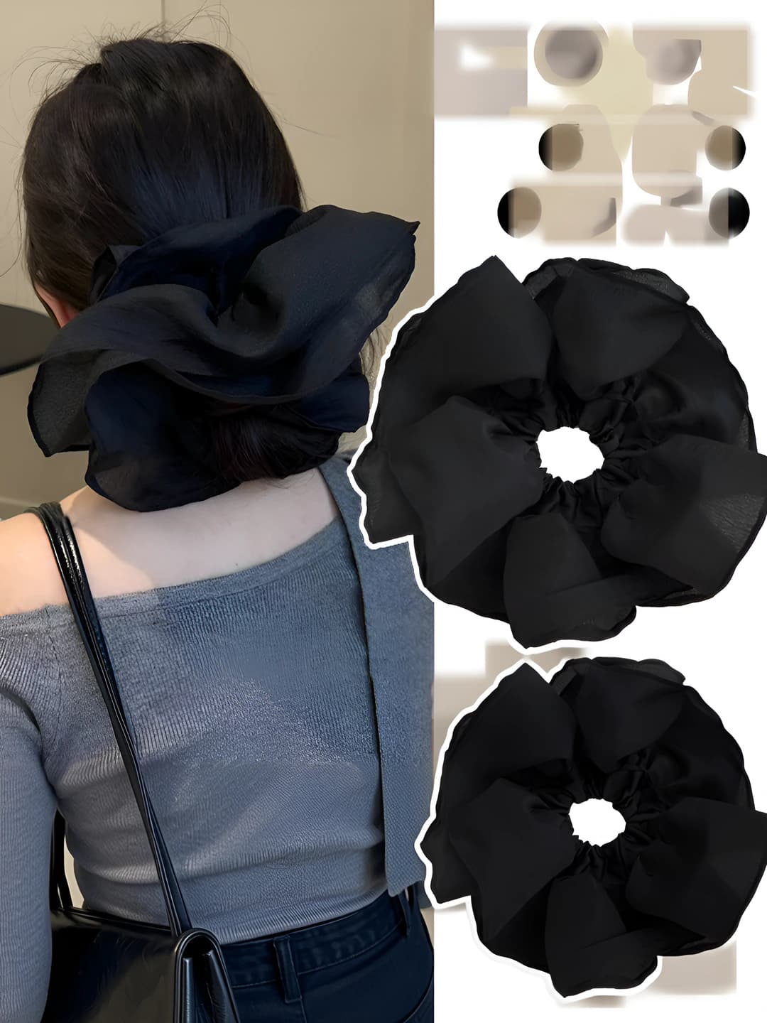 Women's summer hair scrunchie in French retro style, loose fit, made of mesh fabric with floral pattern