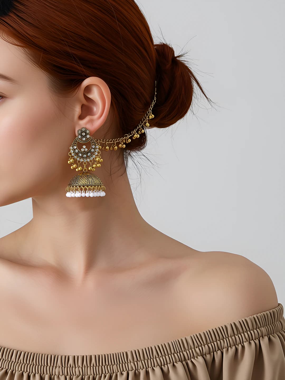 Women's retro jhumka and hair chain set, brass, geometric shape, handmade, tassel and bell design elements