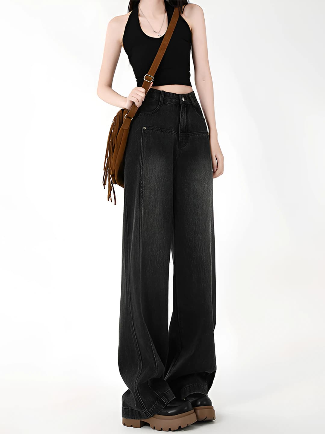 Women's wide and flared jeans, autumn-winter, Korean style, high-waisted, loose fit, slimming, straight cut