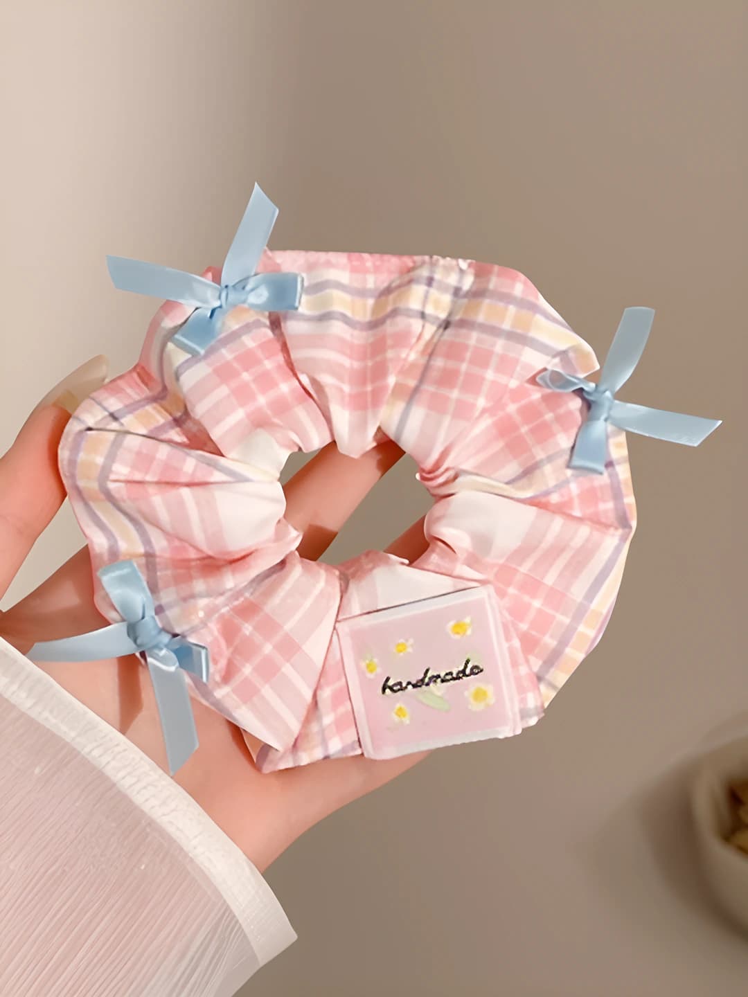 Pink plaid, bow, 11 cm
