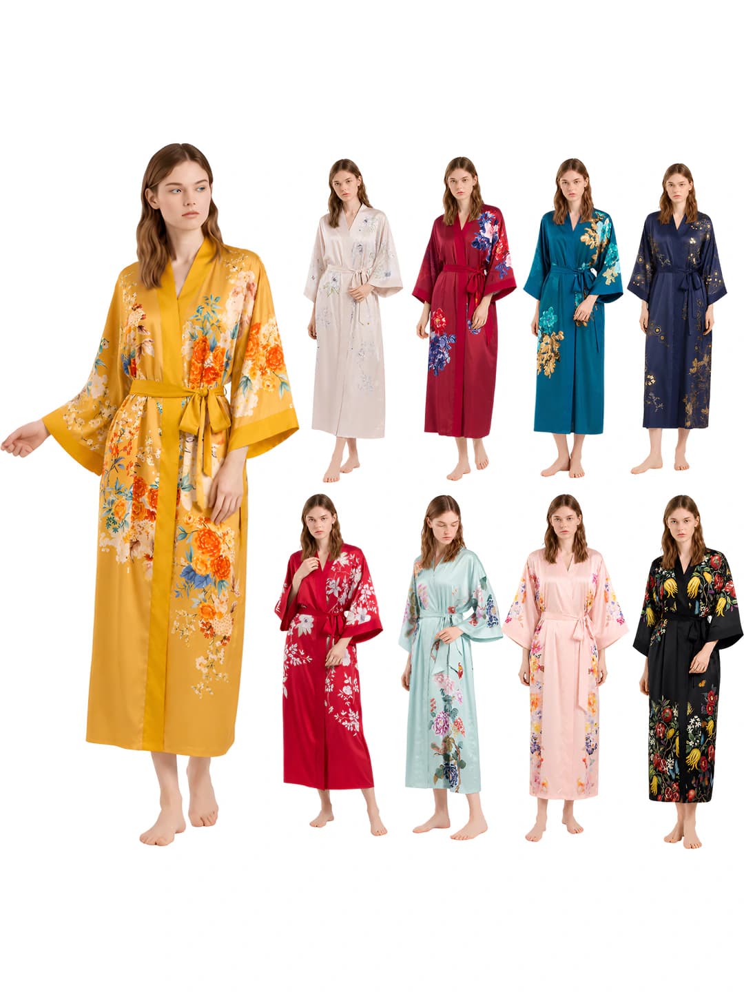 Ayollar uchun satin chifonli gullar bosma naqshli uy uchun xalat, V-yoqa, bo'sh (oversize) kesim, yoz, bahor, kuz mavsumi uchun
