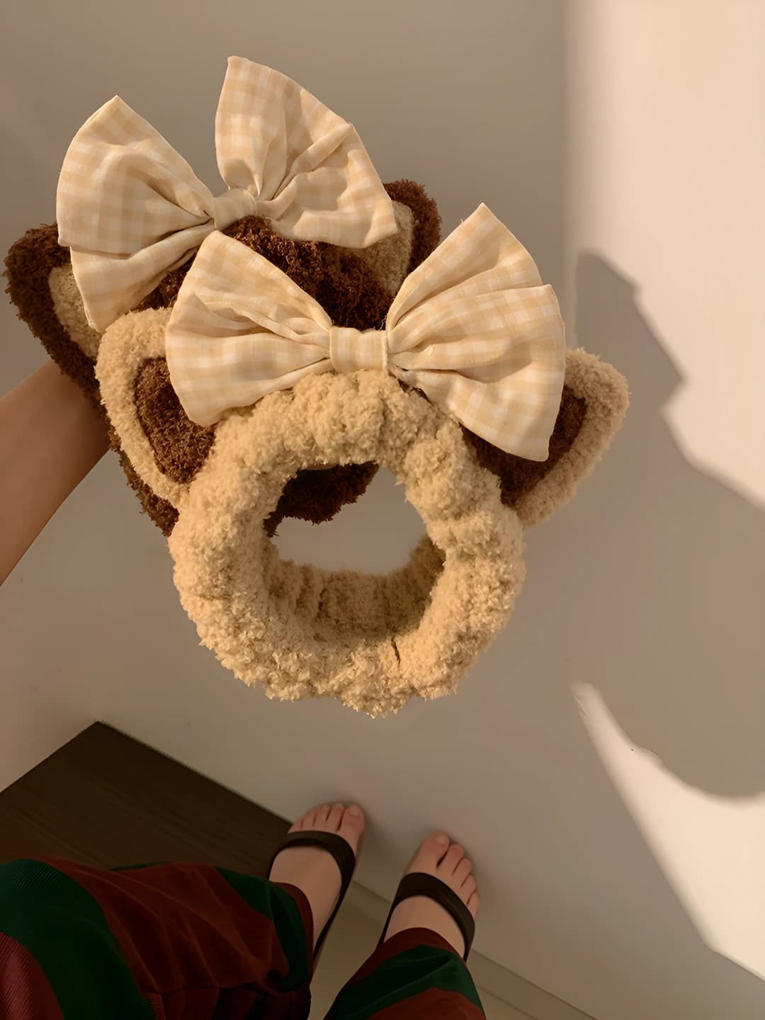 Women's plush headband with bow and animal ears, handmade, fabric, autumn-winter