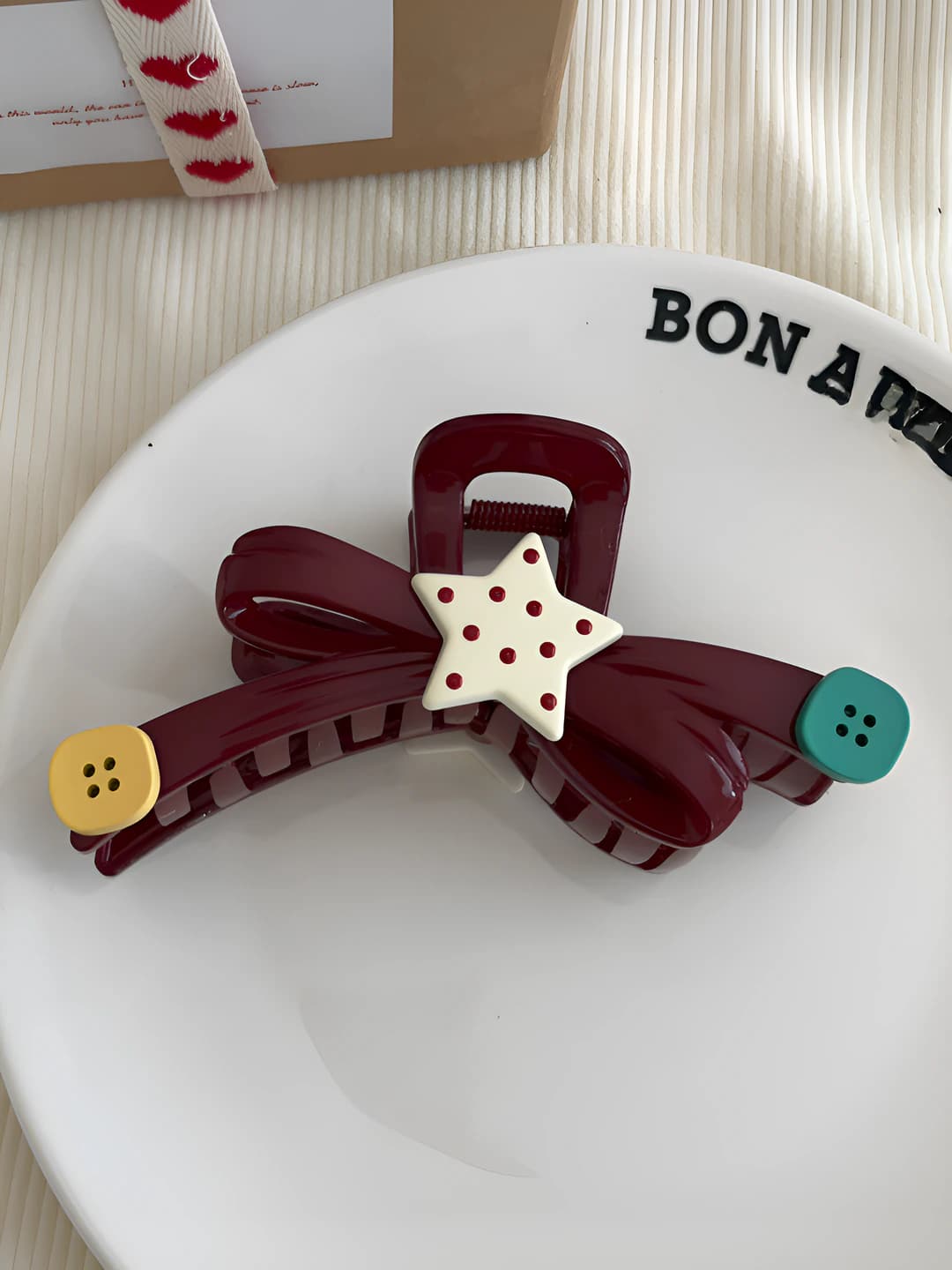 Wine red bow button clip - 13 cm